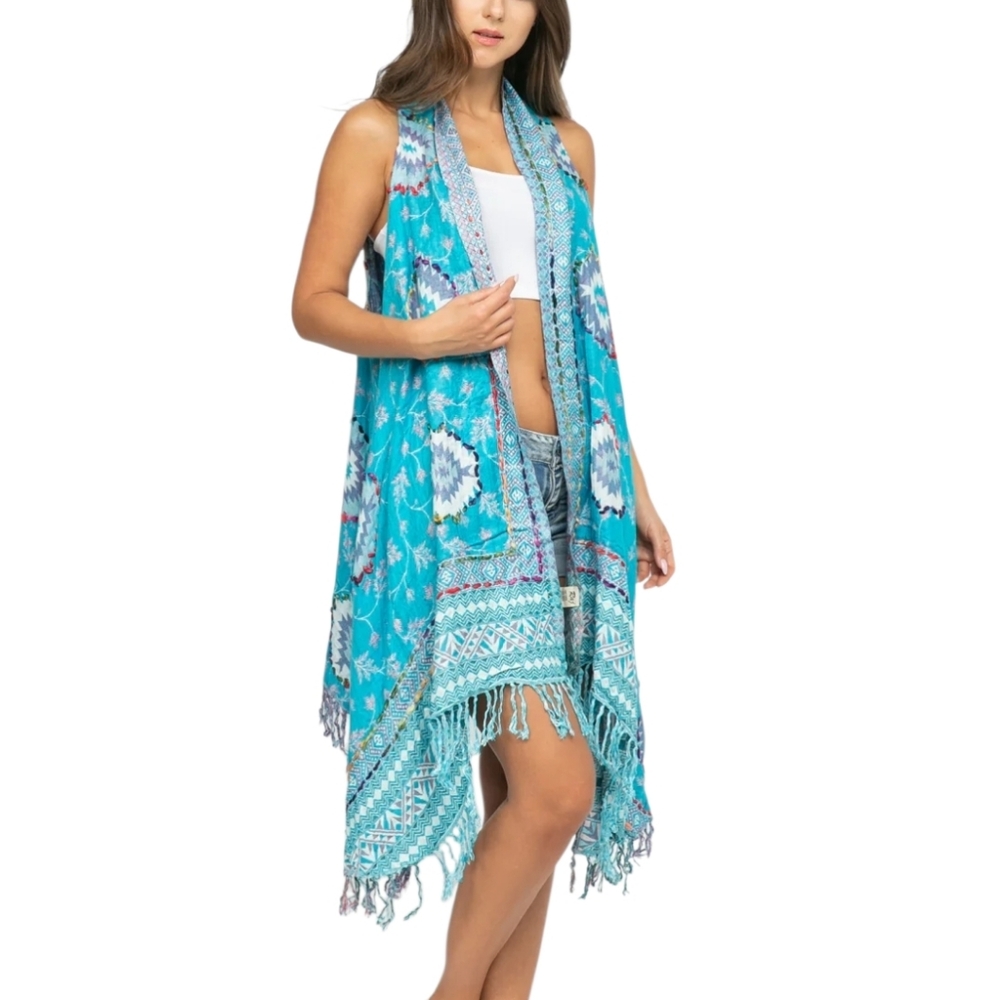 RAJ BOHO Aztec Fringe  Kimono Asymmetrical Teal Pinks Purples One Size